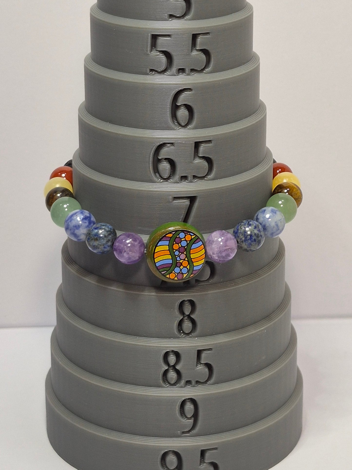 Mirrored 7 Chakra Stretch Bracelet – Turquoise, Lava Stone & Glass Chakra Focal Bead, Handmade Gemstone Bracelet