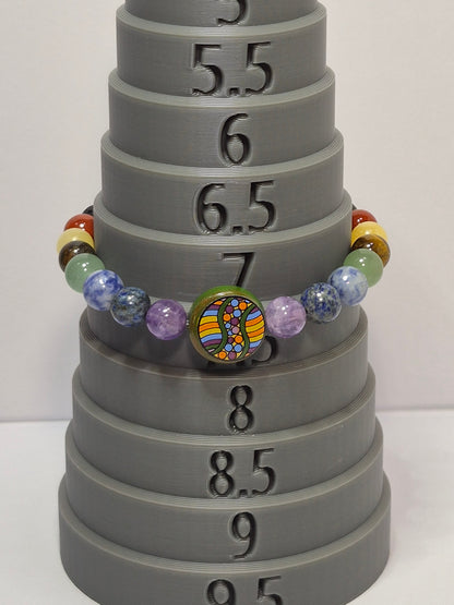 Mirrored 7 Chakra Stretch Bracelet – Turquoise, Lava Stone & Glass Chakra Focal Bead, Handmade Gemstone Bracelet