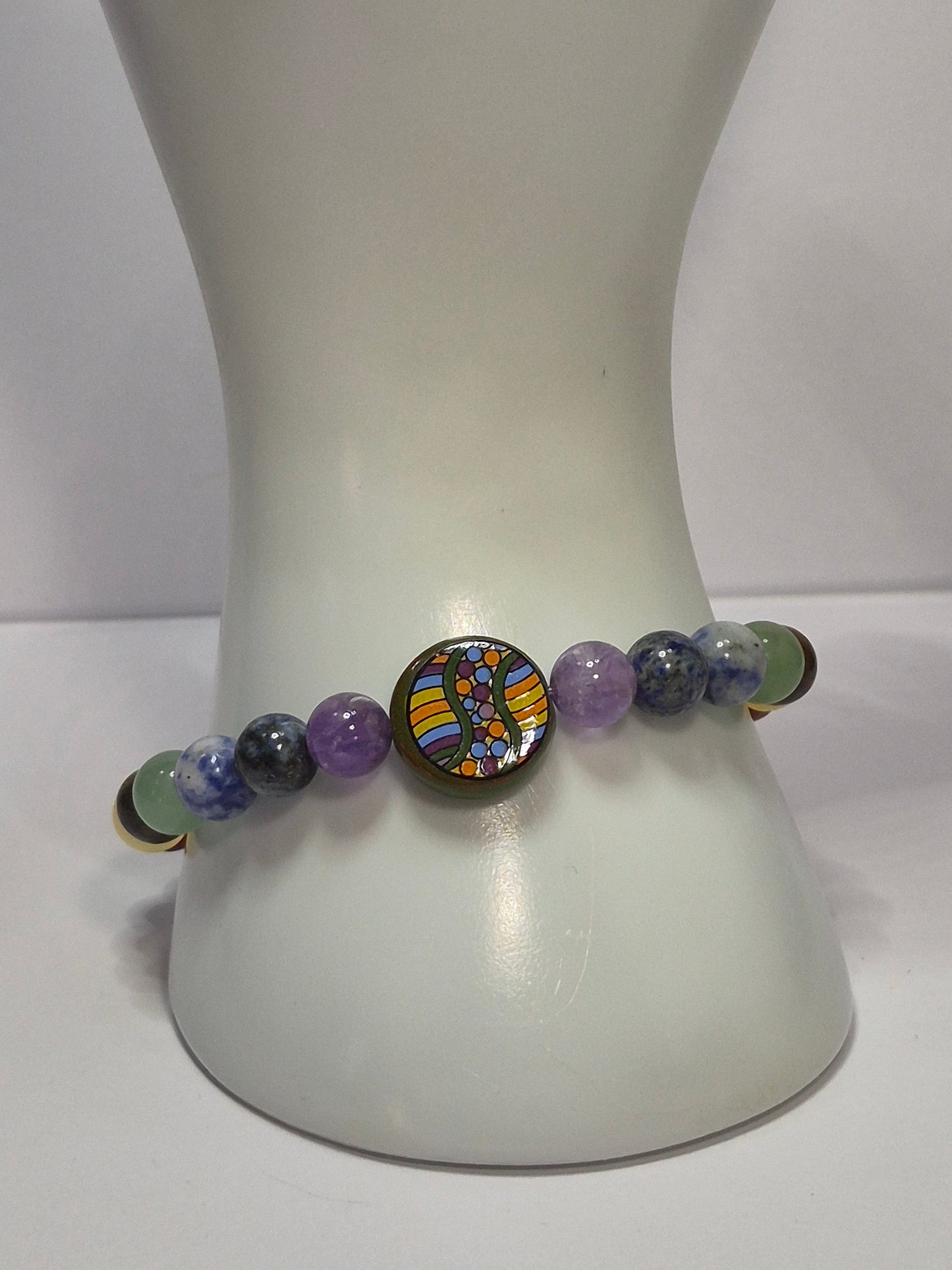 Mirrored 7 Chakra Stretch Bracelet – Turquoise, Lava Stone & Glass Chakra Focal Bead, Handmade Gemstone Bracelet