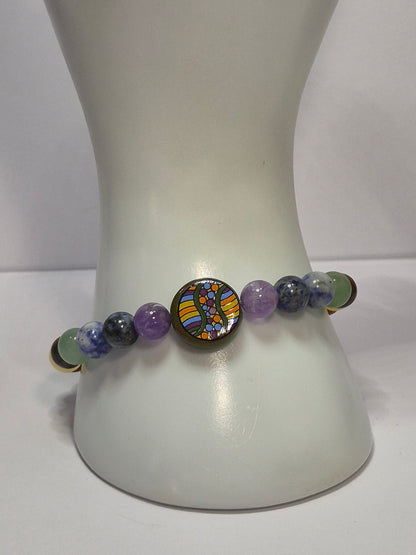 Mirrored 7 Chakra Stretch Bracelet – Turquoise, Lava Stone & Glass Chakra Focal Bead, Handmade Gemstone Bracelet