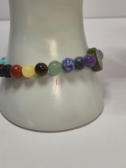 Mirrored 7 Chakra Stretch Bracelet – Turquoise, Lava Stone & Glass Chakra Focal Bead, Handmade Gemstone Bracelet