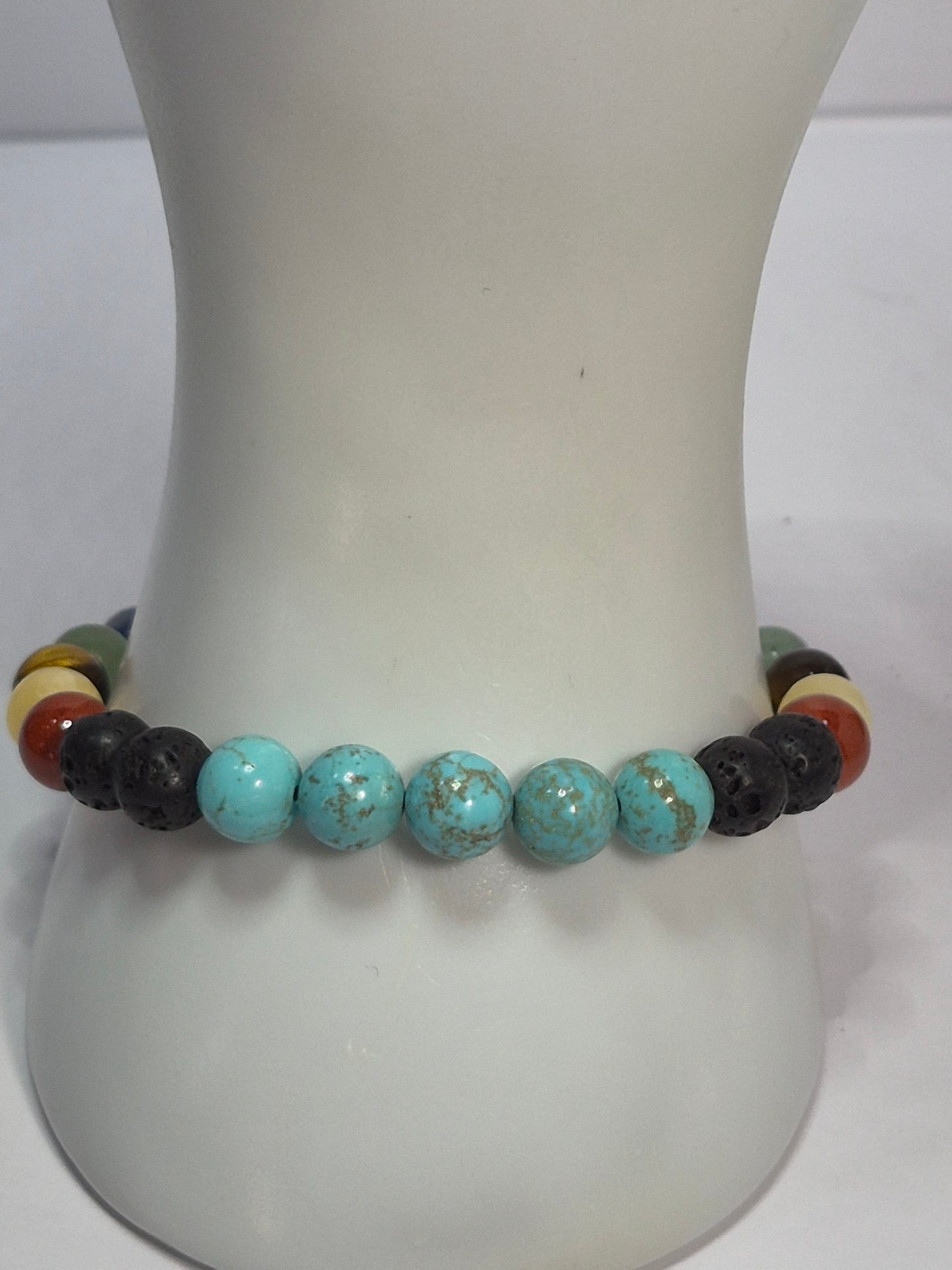Mirrored 7 Chakra Stretch Bracelet – Turquoise, Lava Stone & Glass Chakra Focal Bead, Handmade Gemstone Bracelet