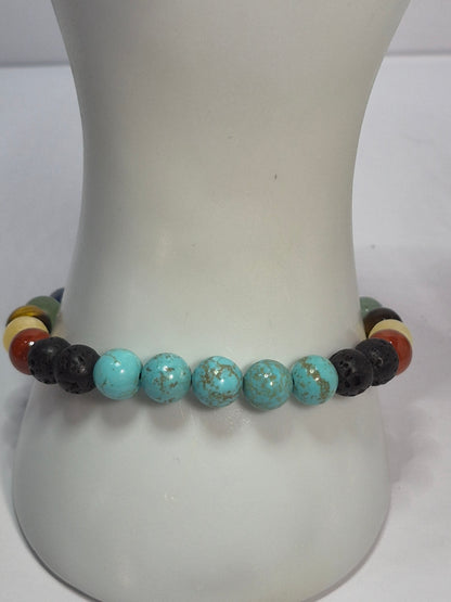 Mirrored 7 Chakra Stretch Bracelet – Turquoise, Lava Stone & Glass Chakra Focal Bead, Handmade Gemstone Bracelet