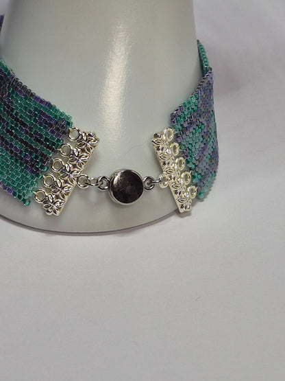 Turquoise & Lavender Peyote Cuff Bracelet – Miyuki Delica Beads, Wide Woven Beadwork Bracelet with Silver Filigree Clasp