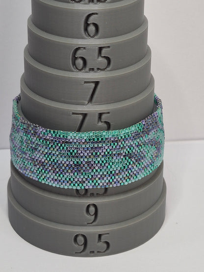 Turquoise & Lavender Peyote Cuff Bracelet – Miyuki Delica Beads, Wide Woven Beadwork Bracelet with Silver Filigree Clasp