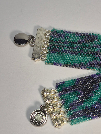 Turquoise & Lavender Peyote Cuff Bracelet – Miyuki Delica Beads, Wide Woven Beadwork Bracelet with Silver Filigree Clasp