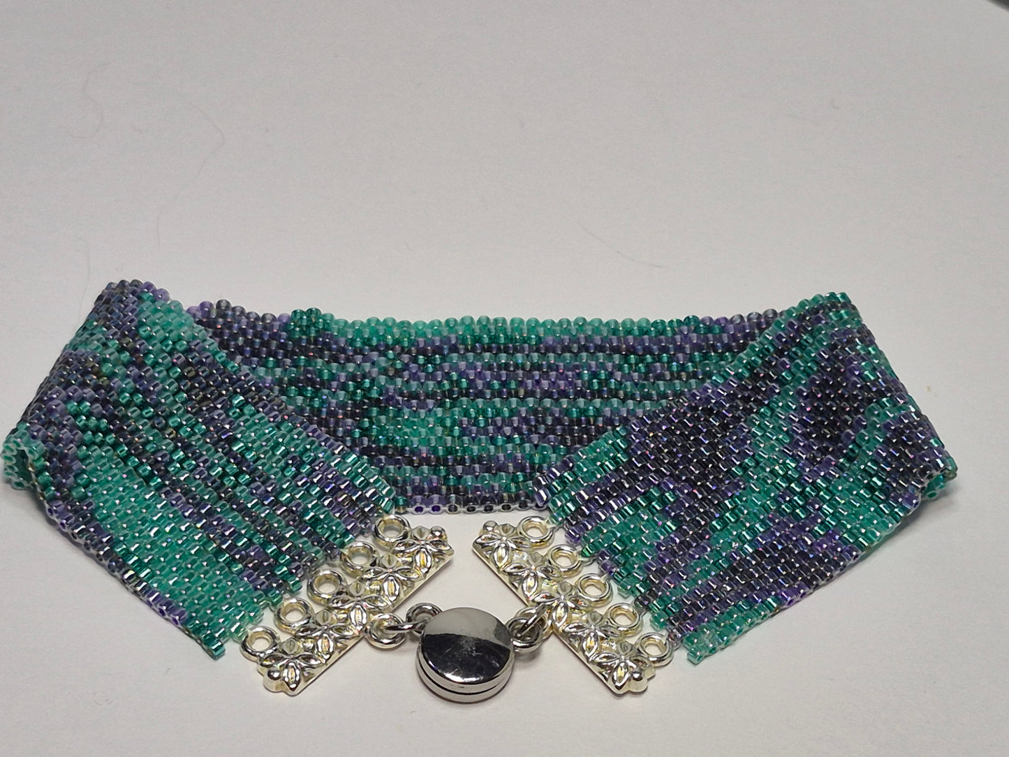 Turquoise & Lavender Peyote Cuff Bracelet – Miyuki Delica Beads, Wide Woven Beadwork Bracelet with Silver Filigree Clasp
