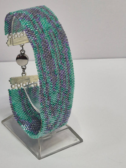 Turquoise & Lavender Peyote Cuff Bracelet – Miyuki Delica Beads, Wide Woven Beadwork Bracelet with Silver Filigree Clasp