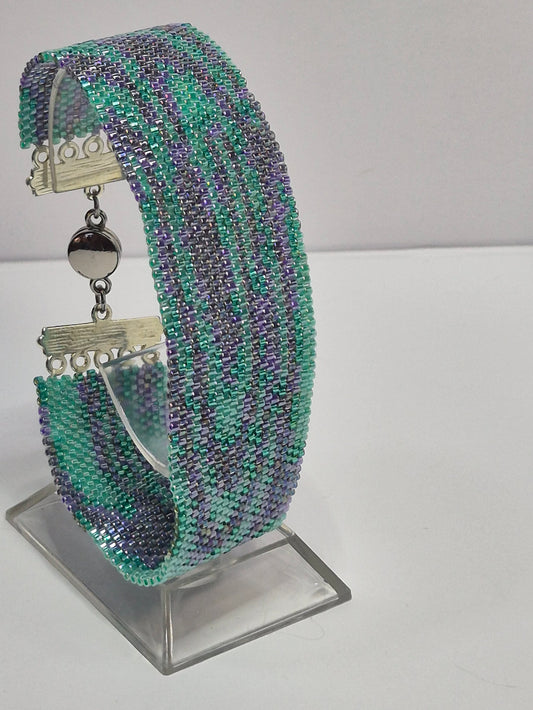 Turquoise & Lavender Peyote Cuff Bracelet – Miyuki Delica Beads, Wide Woven Beadwork Bracelet with Silver Filigree Clasp