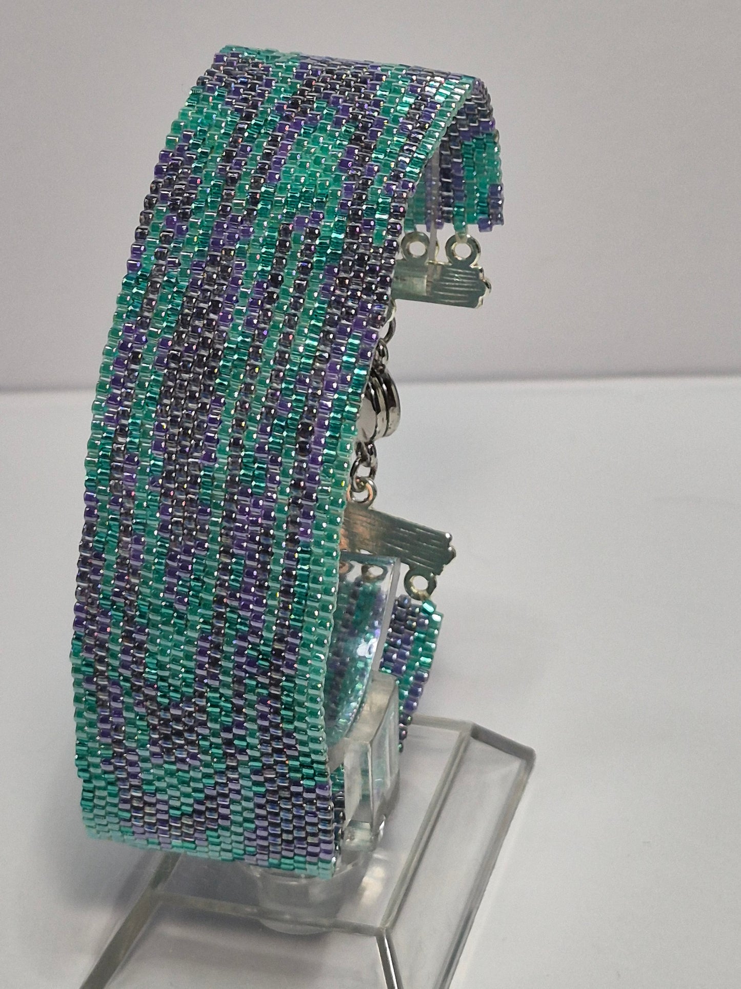 Turquoise & Lavender Peyote Cuff Bracelet – Miyuki Delica Beads, Wide Woven Beadwork Bracelet with Silver Filigree Clasp