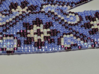 Periwinkle, Plum & Cream Peyote Cuff Bracelet – Miyuki Delica Beads, Wide Woven Beadwork Bracelet with Silver Slide Bar Clasp