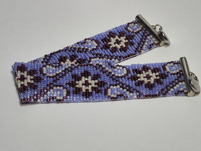 Periwinkle, Plum & Cream Peyote Cuff Bracelet – Miyuki Delica Beads, Wide Woven Beadwork Bracelet with Silver Slide Bar Clasp