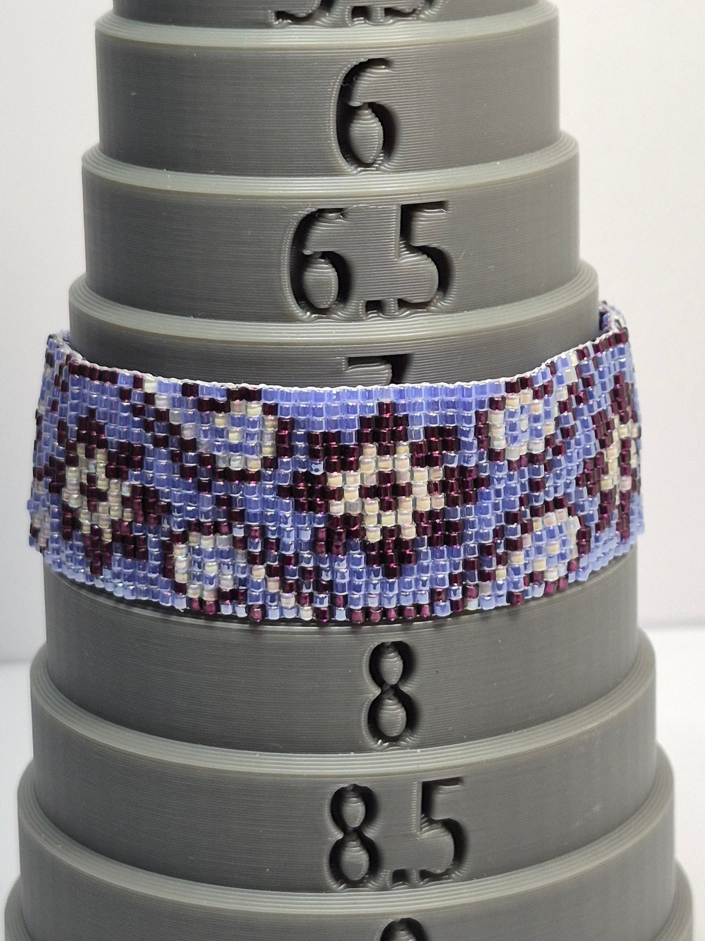 Periwinkle, Plum & Cream Peyote Cuff Bracelet – Miyuki Delica Beads, Wide Woven Beadwork Bracelet with Silver Slide Bar Clasp