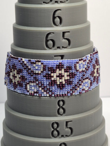 Periwinkle, Plum & Cream Peyote Cuff Bracelet – Miyuki Delica Beads, Wide Woven Beadwork Bracelet with Silver Slide Bar Clasp