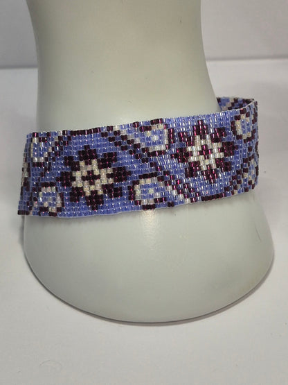 Periwinkle, Plum & Cream Peyote Cuff Bracelet – Miyuki Delica Beads, Wide Woven Beadwork Bracelet with Silver Slide Bar Clasp