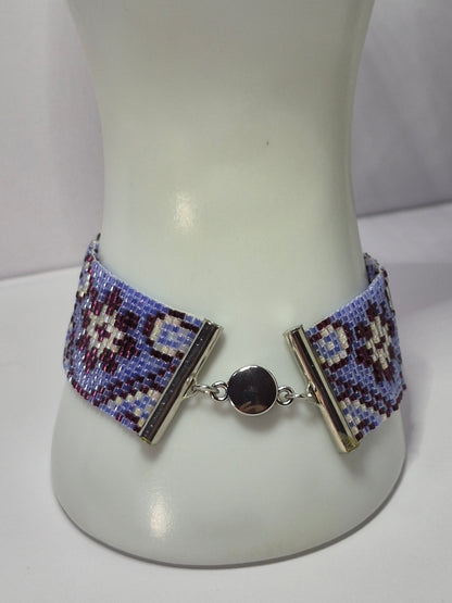 Periwinkle, Plum & Cream Peyote Cuff Bracelet – Miyuki Delica Beads, Wide Woven Beadwork Bracelet with Silver Slide Bar Clasp