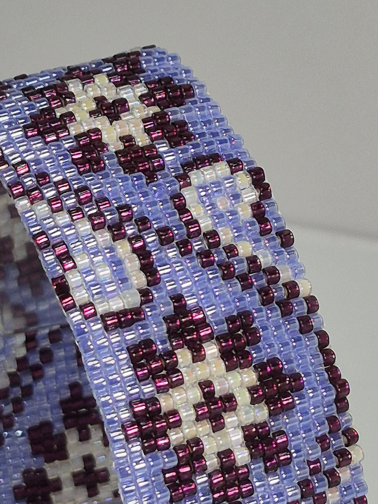 Periwinkle, Plum & Cream Peyote Cuff Bracelet – Miyuki Delica Beads, Wide Woven Beadwork Bracelet with Silver Slide Bar Clasp