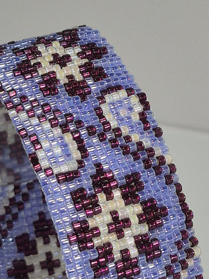 Periwinkle, Plum & Cream Peyote Cuff Bracelet – Miyuki Delica Beads, Wide Woven Beadwork Bracelet with Silver Slide Bar Clasp