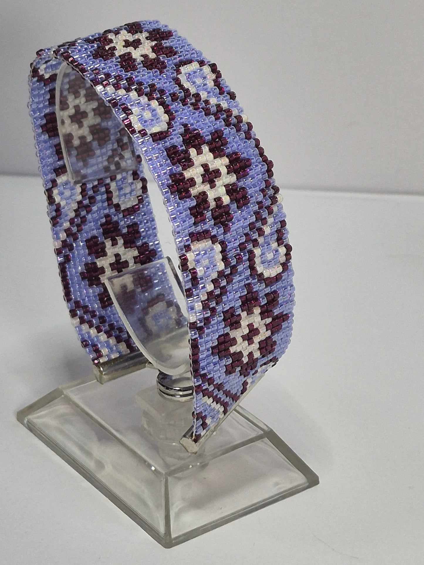 Periwinkle, Plum & Cream Peyote Cuff Bracelet – Miyuki Delica Beads, Wide Woven Beadwork Bracelet with Silver Slide Bar Clasp