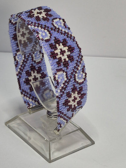 Periwinkle, Plum & Cream Peyote Cuff Bracelet – Miyuki Delica Beads, Wide Woven Beadwork Bracelet with Silver Slide Bar Clasp