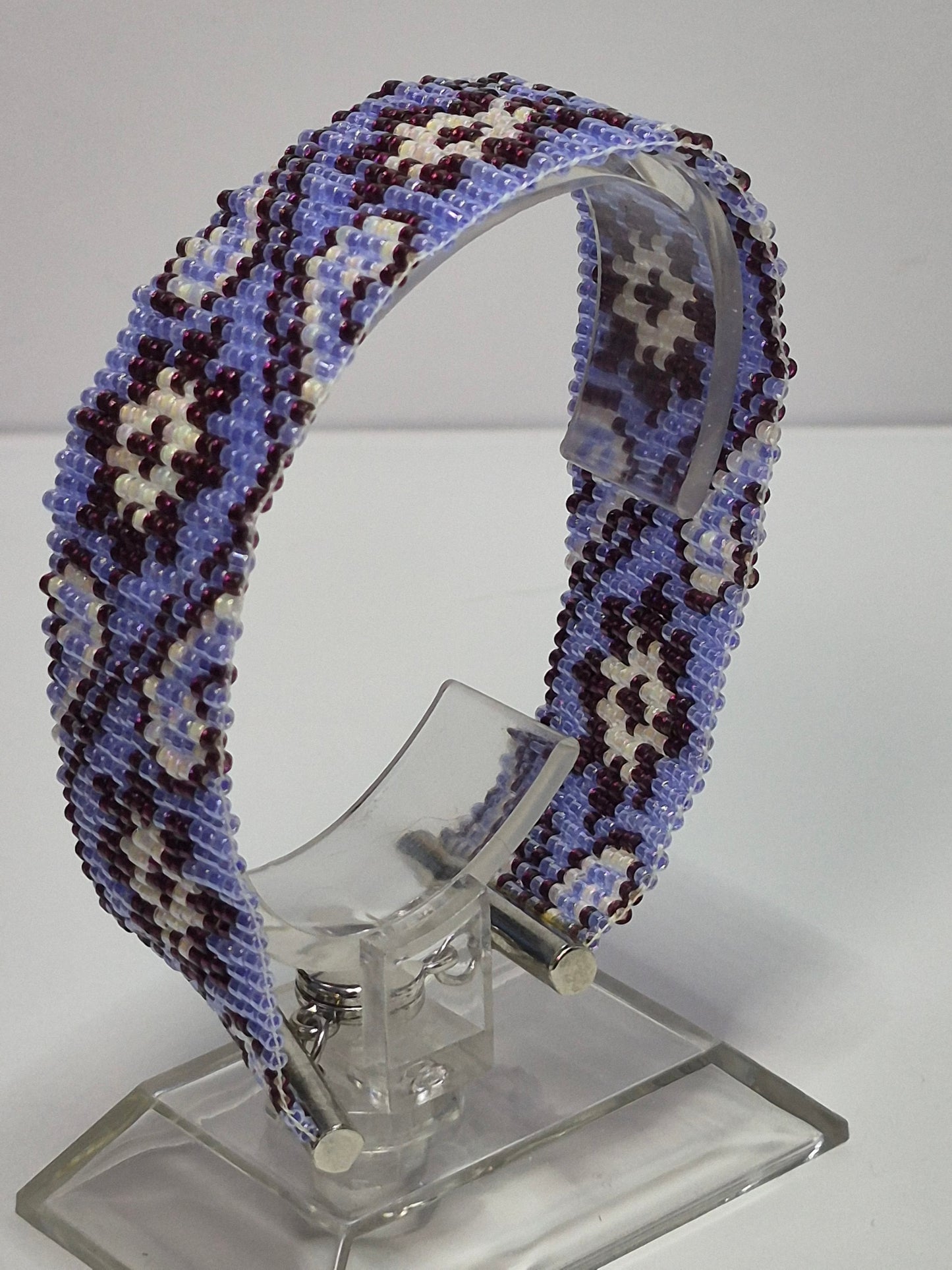 Periwinkle, Plum & Cream Peyote Cuff Bracelet – Miyuki Delica Beads, Wide Woven Beadwork Bracelet with Silver Slide Bar Clasp