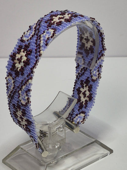 Periwinkle, Plum & Cream Peyote Cuff Bracelet – Miyuki Delica Beads, Wide Woven Beadwork Bracelet with Silver Slide Bar Clasp