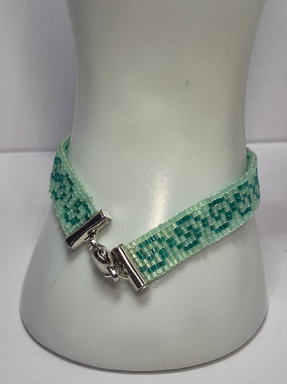 Mint & Teal Greek Key Cuff Bracelet – Miyuki Delica Beads, Woven Beadwork Bracelet with Silver Slide Bar Clasp