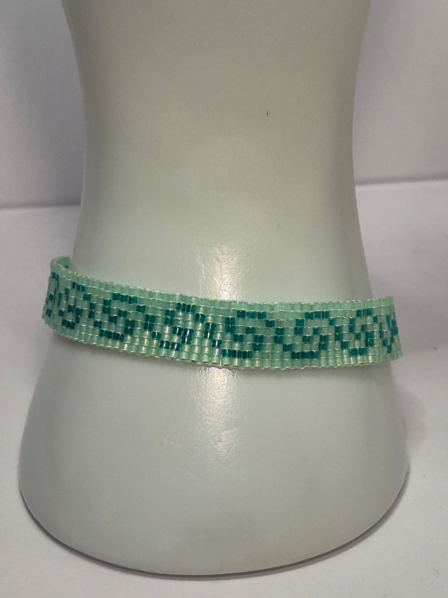 Mint & Teal Greek Key Cuff Bracelet – Miyuki Delica Beads, Woven Beadwork Bracelet with Silver Slide Bar Clasp