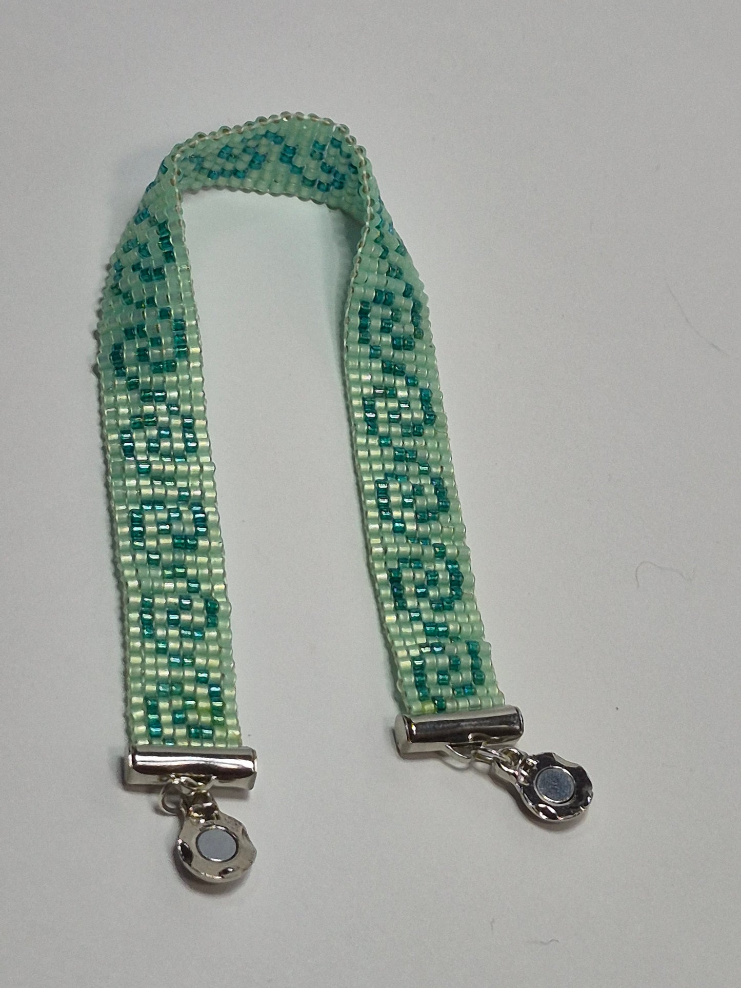 Mint & Teal Greek Key Cuff Bracelet – Miyuki Delica Beads, Woven Beadwork Bracelet with Silver Slide Bar Clasp