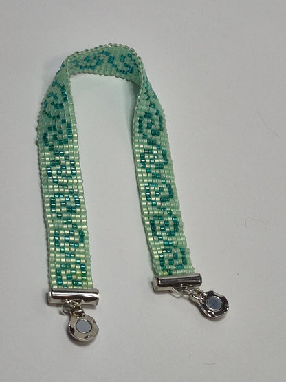 Mint & Teal Greek Key Cuff Bracelet – Miyuki Delica Beads, Woven Beadwork Bracelet with Silver Slide Bar Clasp