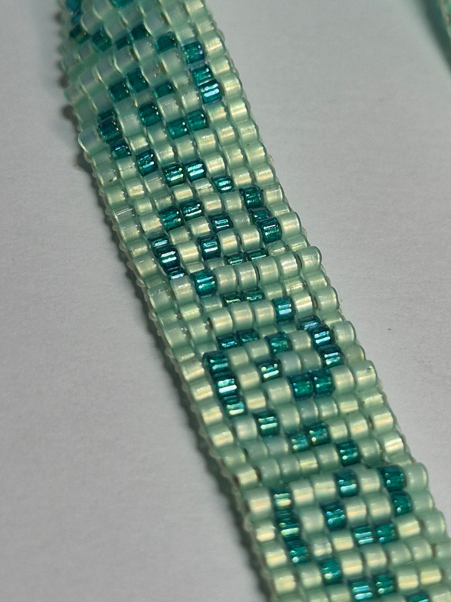Mint & Teal Greek Key Cuff Bracelet – Miyuki Delica Beads, Woven Beadwork Bracelet with Silver Slide Bar Clasp
