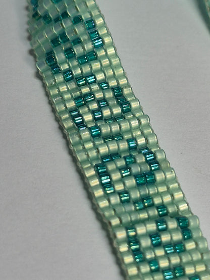 Mint & Teal Greek Key Cuff Bracelet – Miyuki Delica Beads, Woven Beadwork Bracelet with Silver Slide Bar Clasp