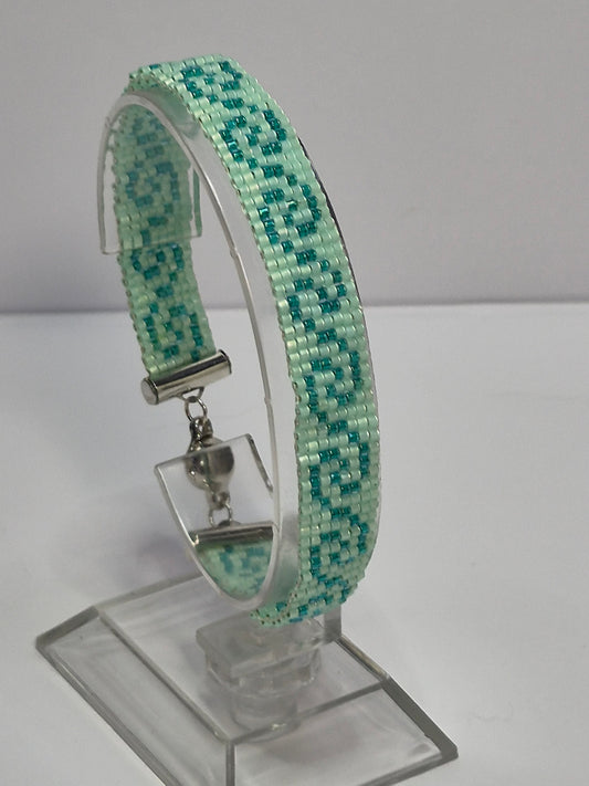 Mint & Teal Greek Key Cuff Bracelet – Miyuki Delica Beads, Woven Beadwork Bracelet with Silver Slide Bar Clasp