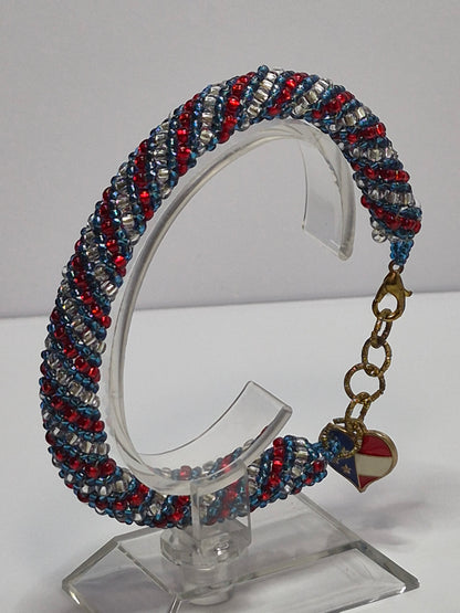 Red, White & Blue Russian Spiral Rope Bracelet – Miyuki 11/0 Seed Beads, American Flag Heart Charm, Gold Extender Chain