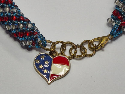 Red, White & Blue Russian Spiral Rope Bracelet – Miyuki 11/0 Seed Beads, American Flag Heart Charm, Gold Extender Chain