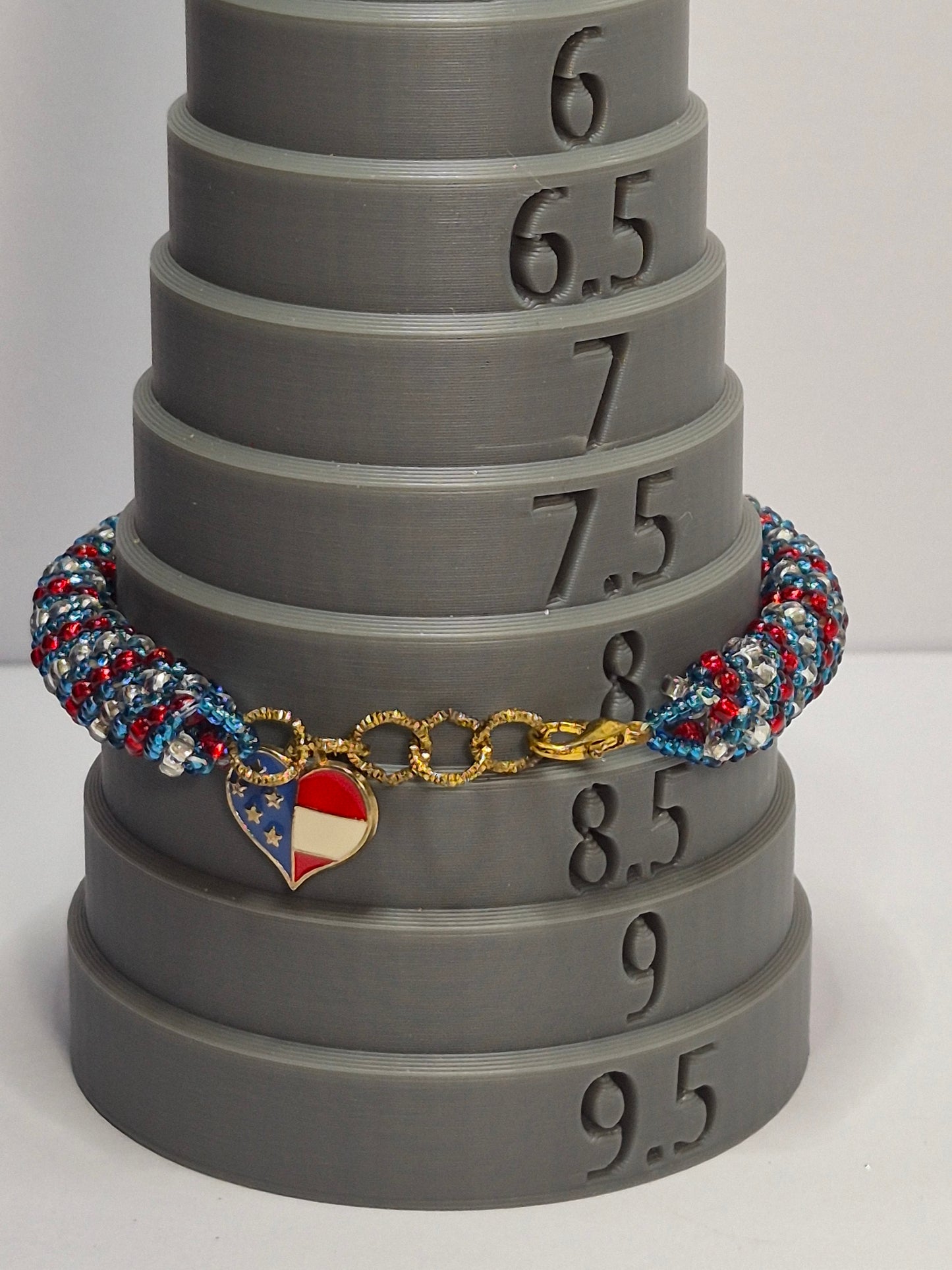 Red, White & Blue Russian Spiral Rope Bracelet – Miyuki 11/0 Seed Beads, American Flag Heart Charm, Gold Extender Chain