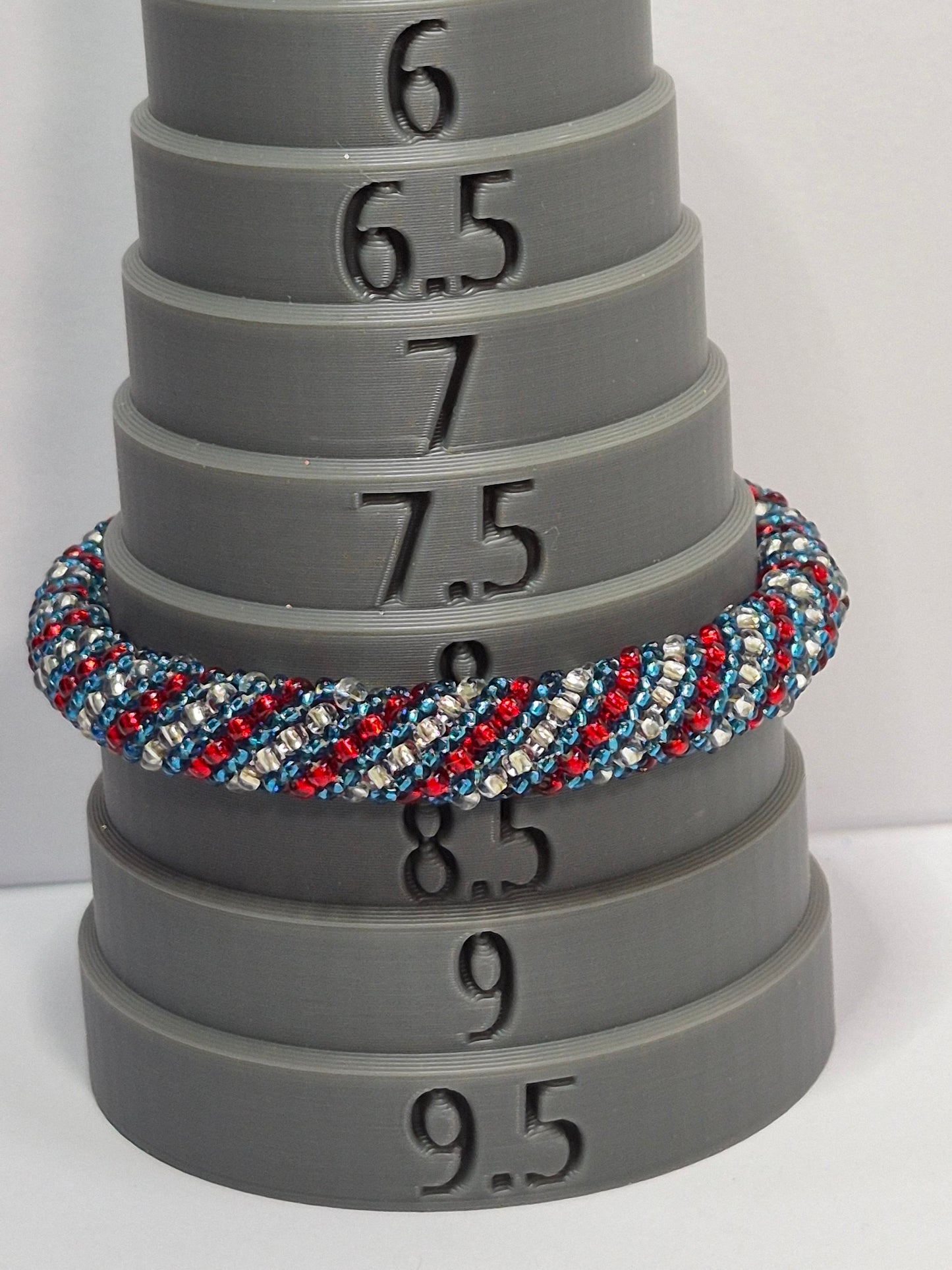 Red, White & Blue Russian Spiral Rope Bracelet – Miyuki 11/0 Seed Beads, American Flag Heart Charm, Gold Extender Chain
