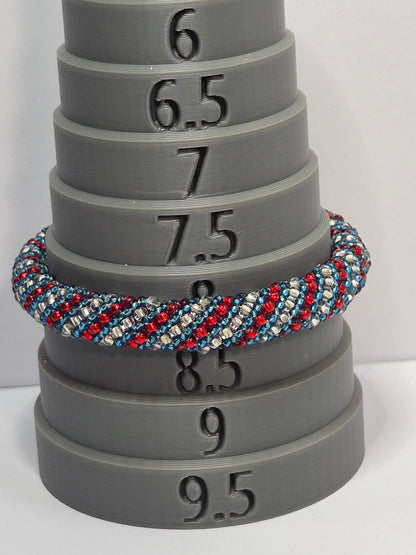 Red, White & Blue Russian Spiral Rope Bracelet – Miyuki 11/0 Seed Beads, American Flag Heart Charm, Gold Extender Chain