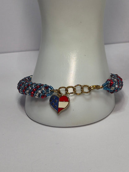 Red, White & Blue Russian Spiral Rope Bracelet – Miyuki 11/0 Seed Beads, American Flag Heart Charm, Gold Extender Chain