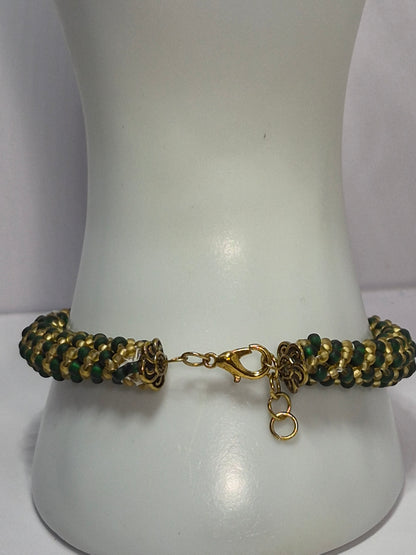 Emerald Green & Gold Russian Spiral Rope Bracelet – Miyuki 8/0 & 11/0 Matte Seed Beads, Antique Gold Filigree Caps & Lobster Clasp