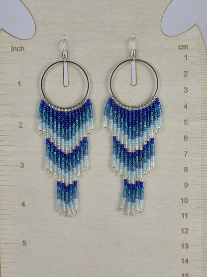 Blue & Silver Ombre Fringe Earrings | Handcrafted Beaded Statement Earrings