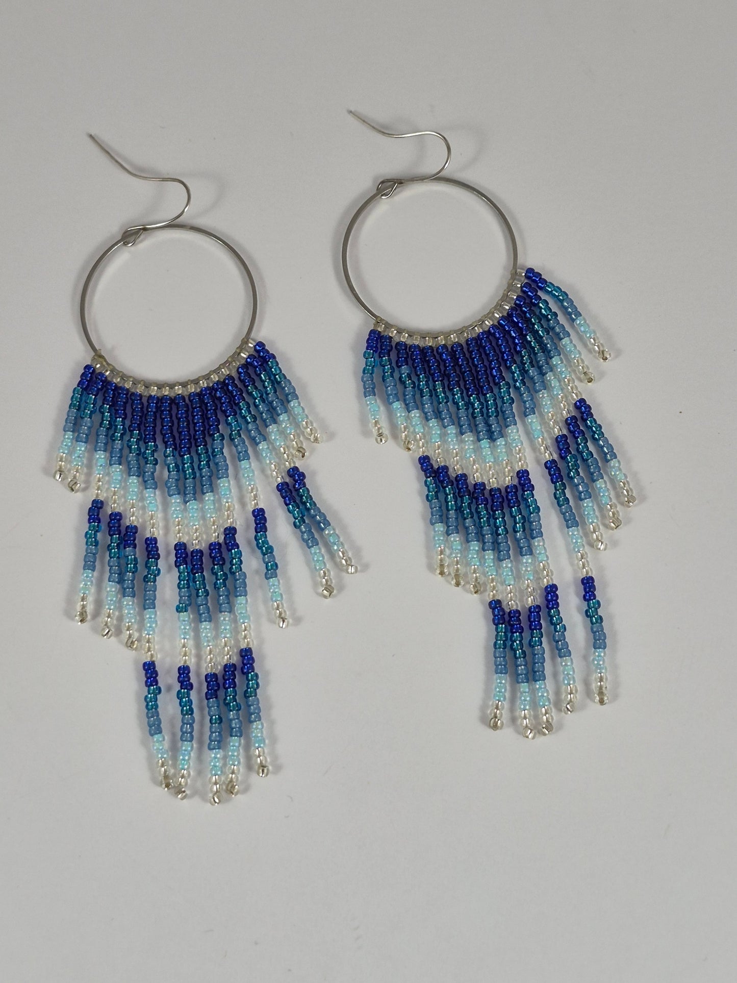 Blue & Silver Ombre Fringe Earrings | Handcrafted Beaded Statement Earrings