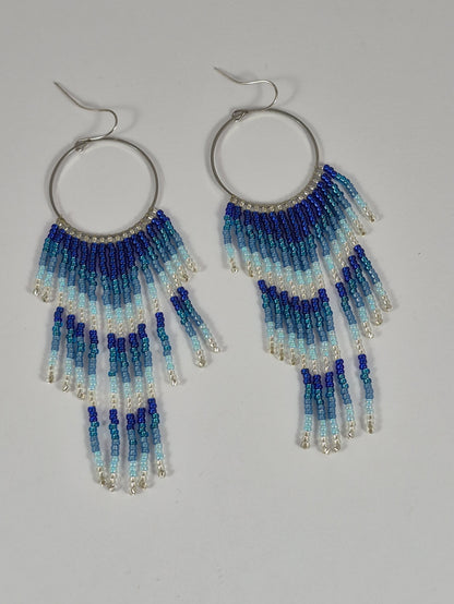 Blue & Silver Ombre Fringe Earrings | Handcrafted Beaded Statement Earrings