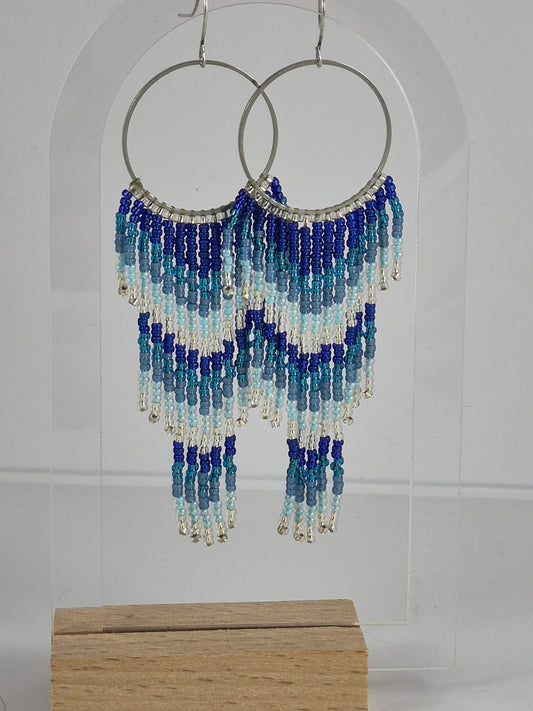 Blue & Silver Ombre Fringe Earrings | Handcrafted Beaded Statement Earrings