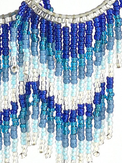 Blue & Silver Ombre Fringe Earrings | Handcrafted Beaded Statement Earrings