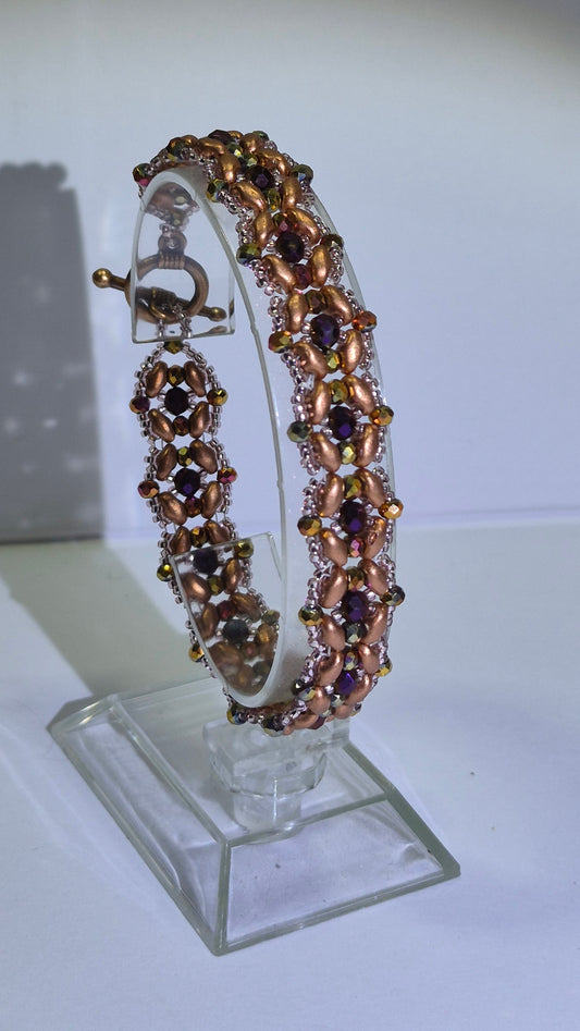 Copper & Purple Crystal SuperDuo Beaded Bracelet