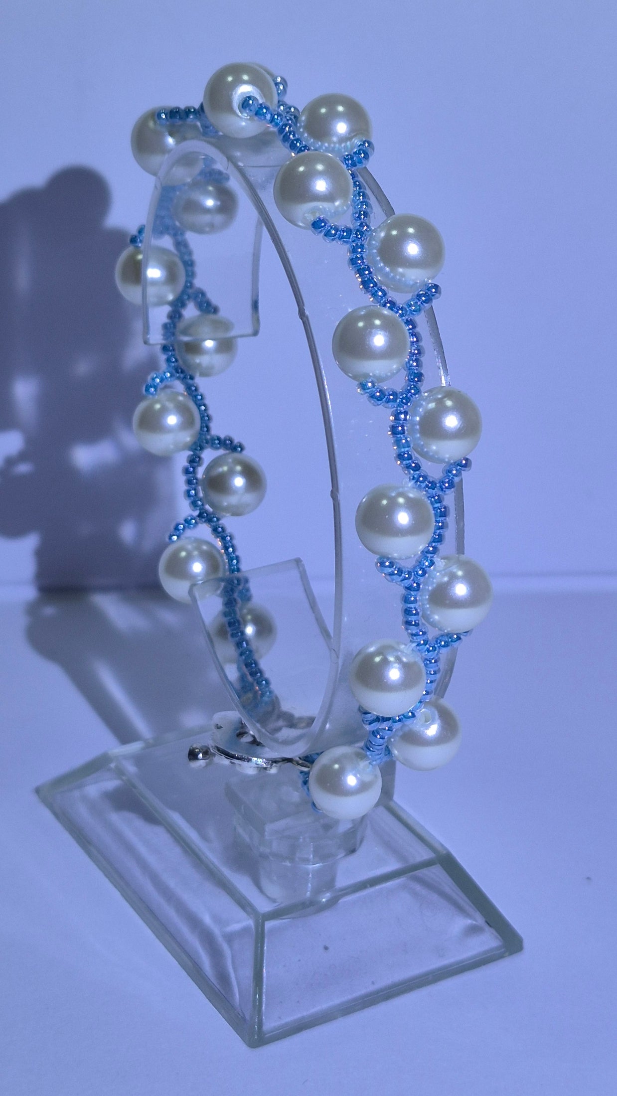White Pearl & Blue Beaded Vine Bracelet