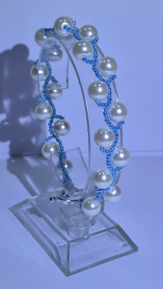 White Pearl & Blue Beaded Vine Bracelet