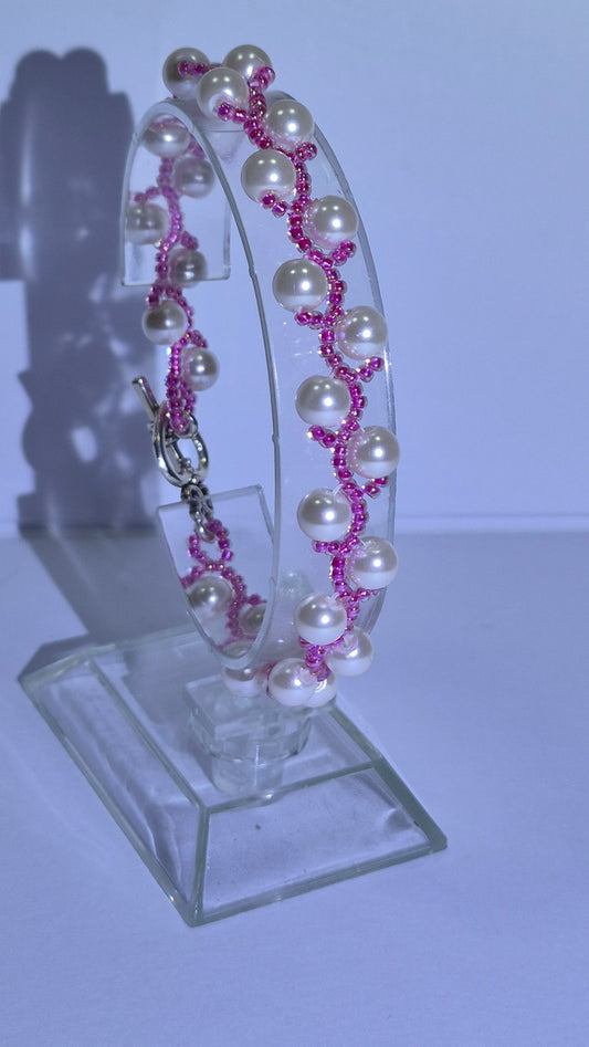 White Pearl & Pink Beaded Vine Bracelet