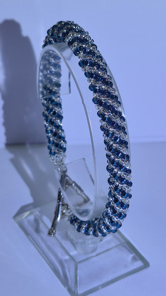 Navy Blue & Silver Russian Spiral Beaded Bracelet